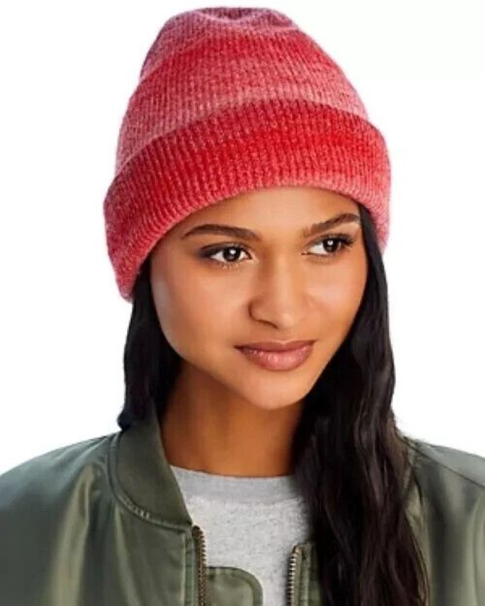 AQUA Beanie Hat Womens Red Ombre Stripe Space Dye Ribbed Cuff Stretch $68